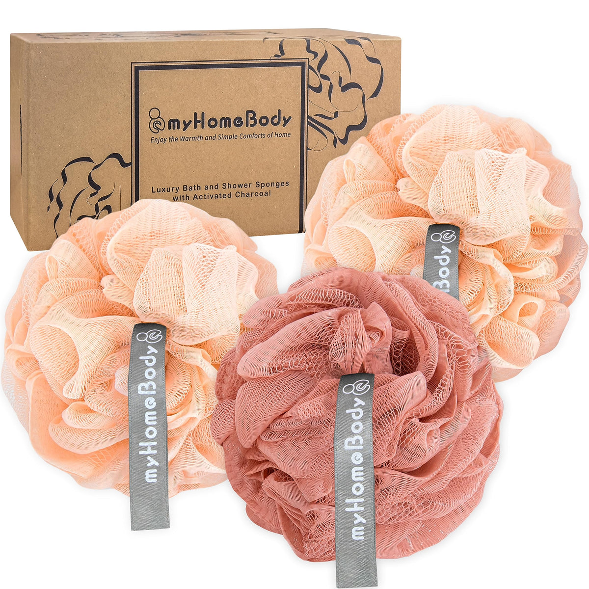 myHomeBody Large 70g Loofah Sponge, 2 Graphite Gray + 1 Sage Green, 3 Pack