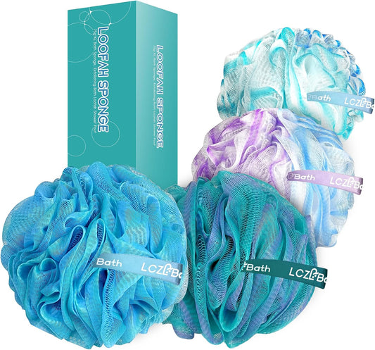 Loofah 4 Pack 75g Extra Large Loofa Set Soft Bath Sponge Thick Body Wash Puffs for Shower (Purple-Blue-Green-Mixed)