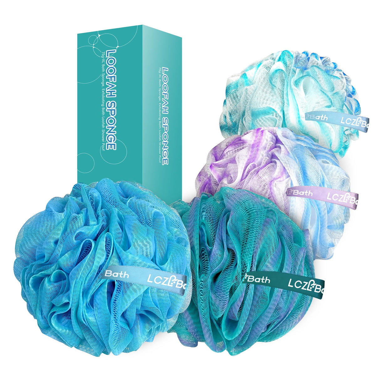 Loofah 4 Pack 75g Extra Large Loofa Set Soft Bath Sponge Thick Body Wash Puffs for Shower (Purple-Blue-Green-Mixed)