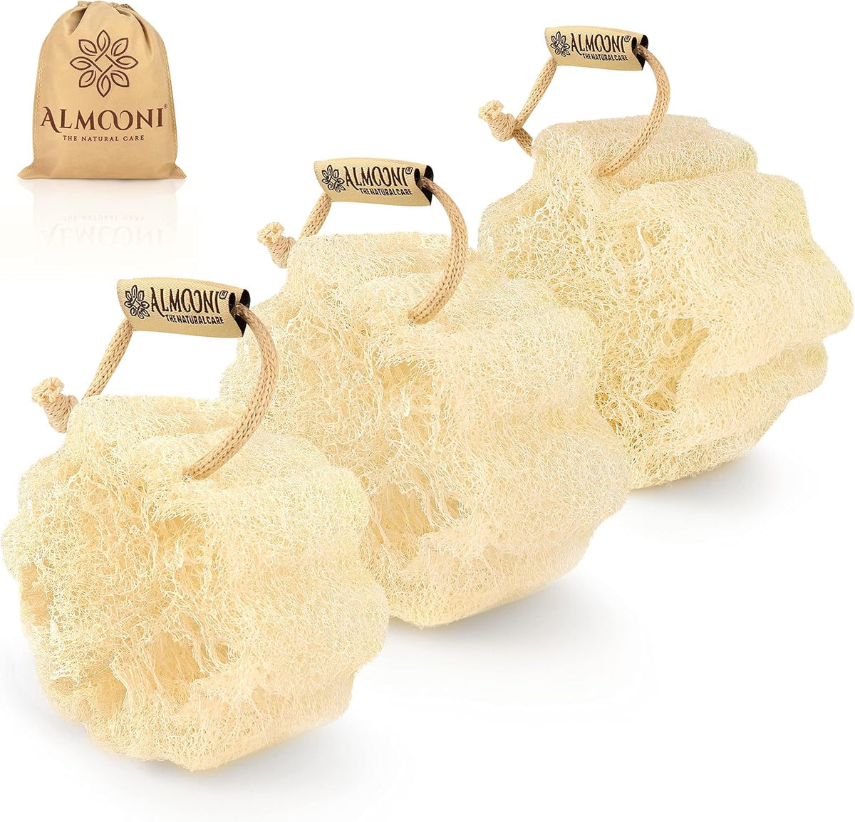 ALMOONI Mini Natural Loofah Sponge, Egyptian Shower Sponge, 3 Count