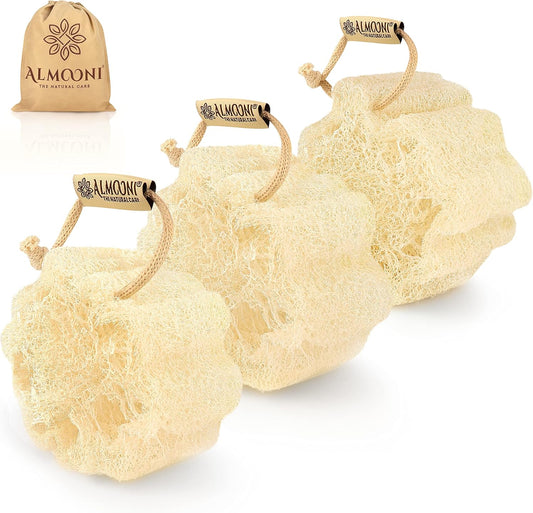 ALMOONI Mini Natural Loofah Sponge, Egyptian Shower Sponge, 3 Count