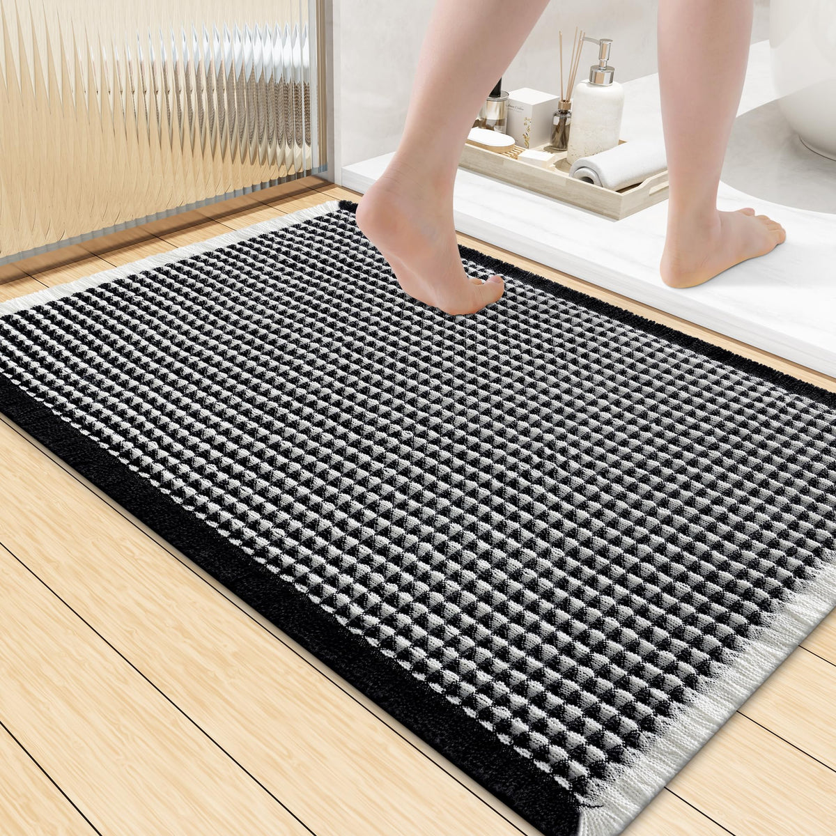 Smiry Waffle Bath Mat 24X16, Soft Absorbent Bathroom Rugs, Brown & Cream