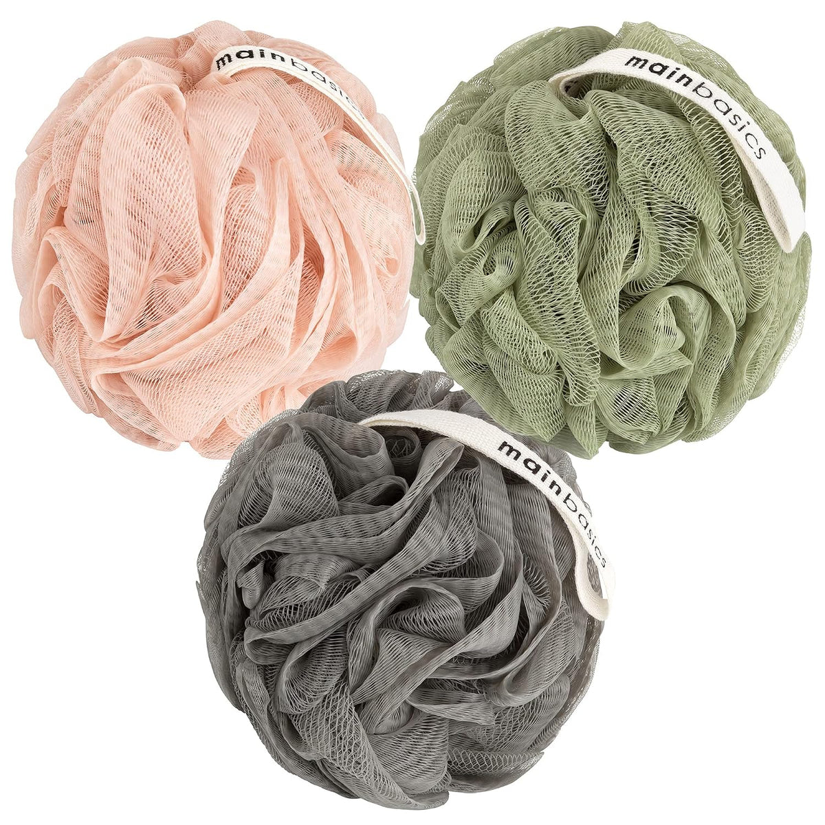 MainBasics Shower Loofah Sponge Pouf, Set of 3, Earthy Love