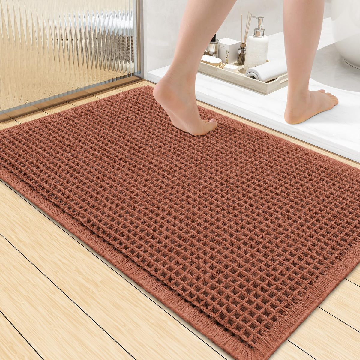 Smiry Waffle Bath Mat 24X16, Soft Absorbent Bathroom Rugs, Brown & Cream