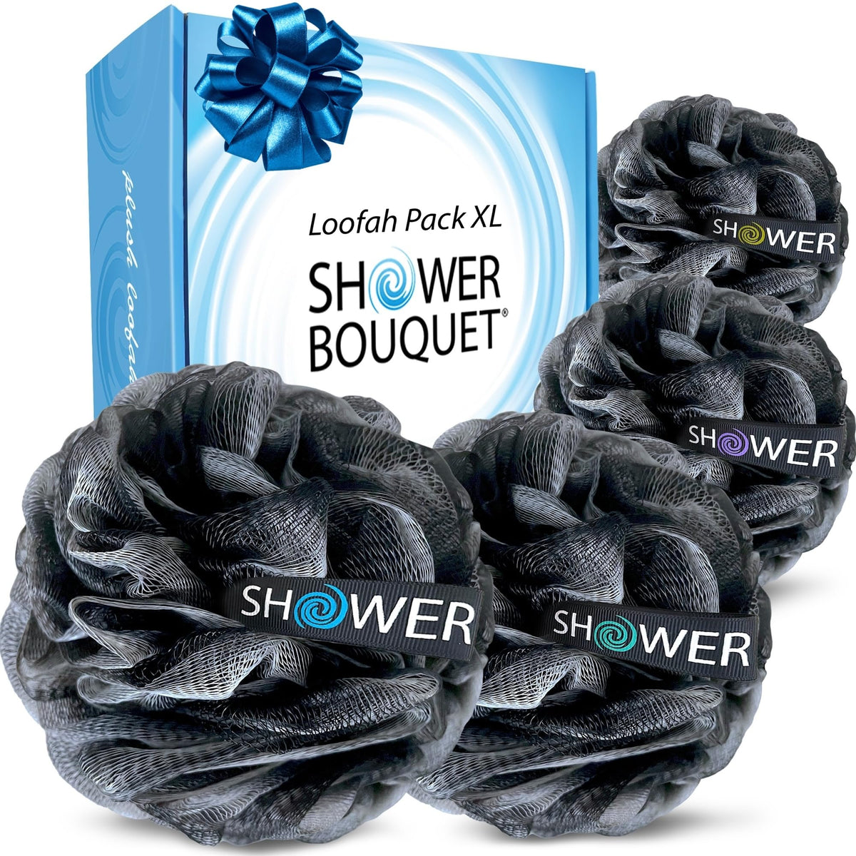SHOWER BOUQUET Loofah-Charcoal Bath-Sponge XL-Color-4-Pack Extra-Large 75g