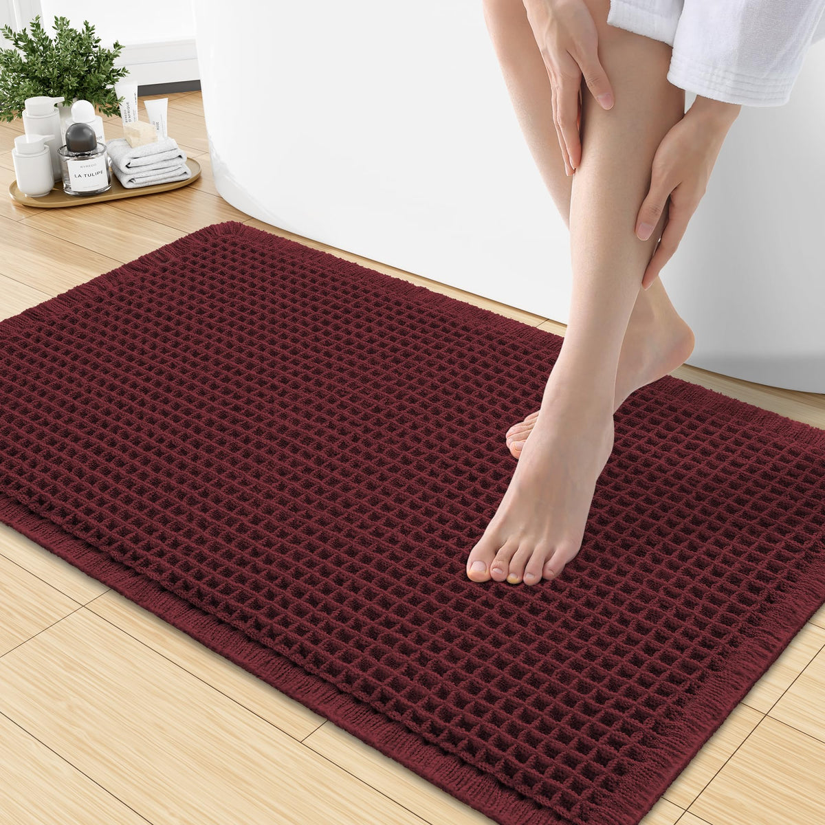 Smiry Waffle Bath Mat 24X16, Soft Absorbent Bathroom Rugs, Brown & Cream