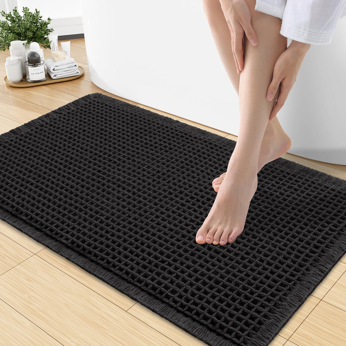 Smiry Waffle Bath Mat 24X16, Soft Absorbent Bathroom Rugs, Brown & Cream