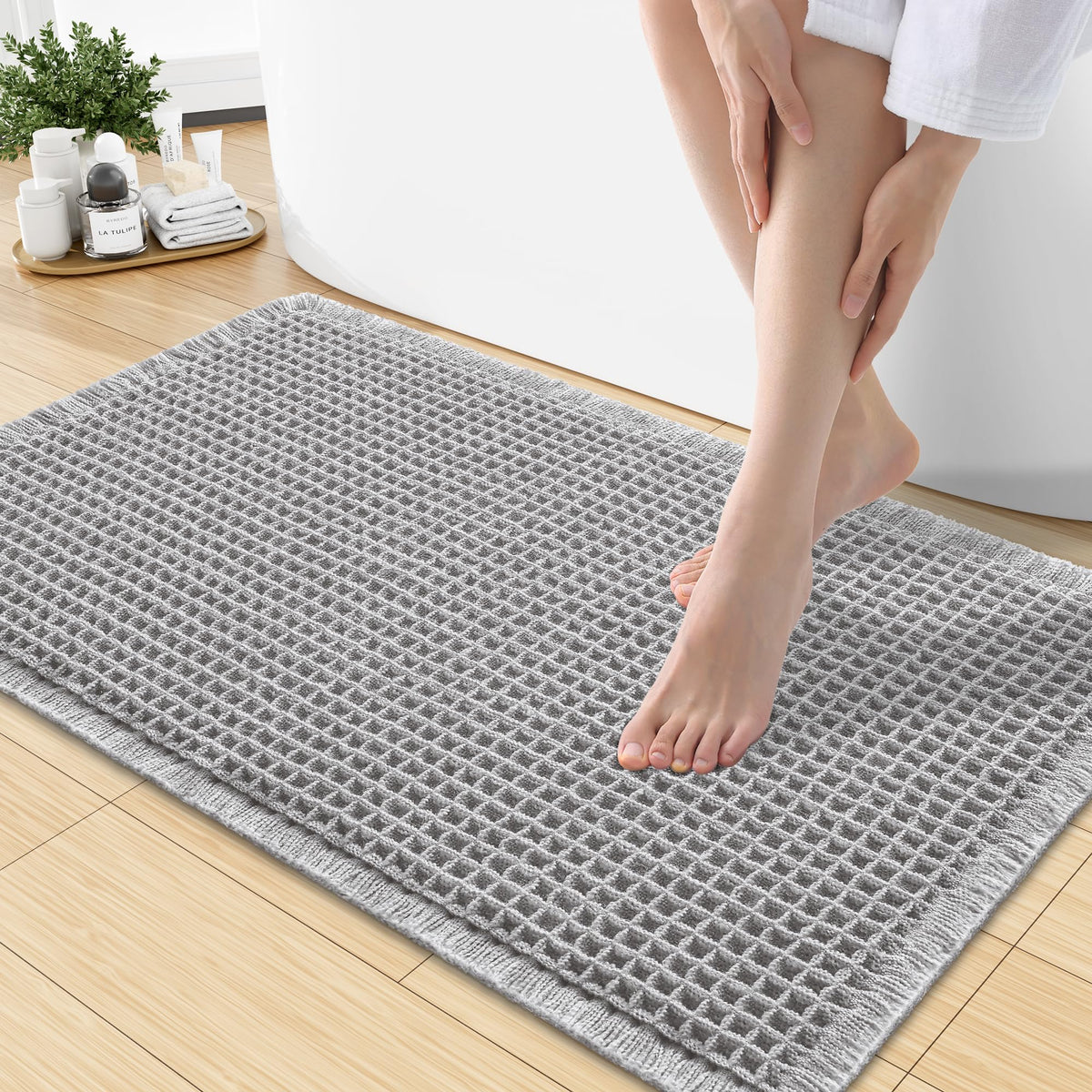Smiry Waffle Bath Mat 24X16, Soft Absorbent Bathroom Rugs, Brown & Cream
