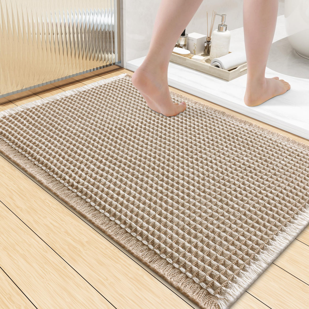 Smiry Waffle Bath Mat 24X16, Soft Absorbent Bathroom Rugs, Brown & Cream