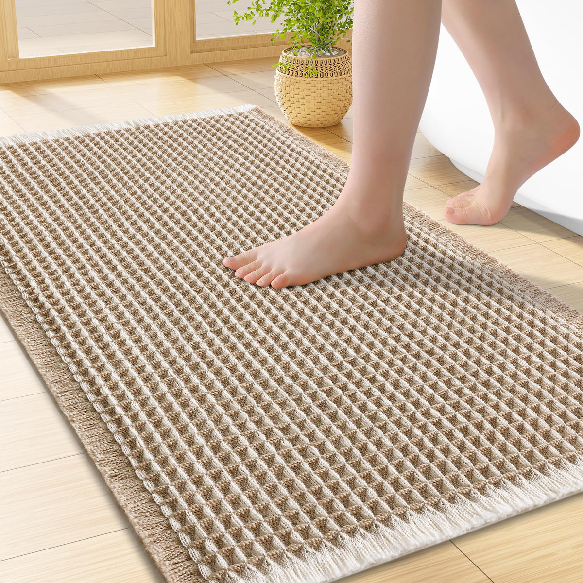 Smiry Waffle Bath Mat 24X16, Soft Absorbent Bathroom Rugs, Brown & Cream