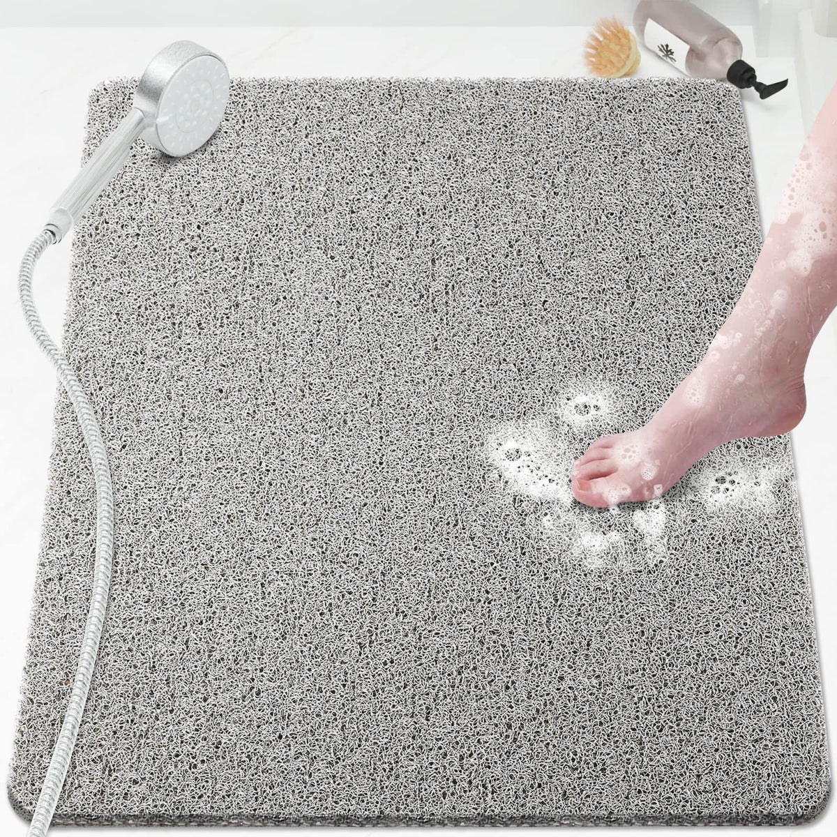 Shower Mat Bathtub Mat Non-Slip,24x16 inch, Soft Tub Mat with Drain,PVC Loofah Bath Mat (Phthalate Free) for Tub and Bathroom,Quick Drying,Black
