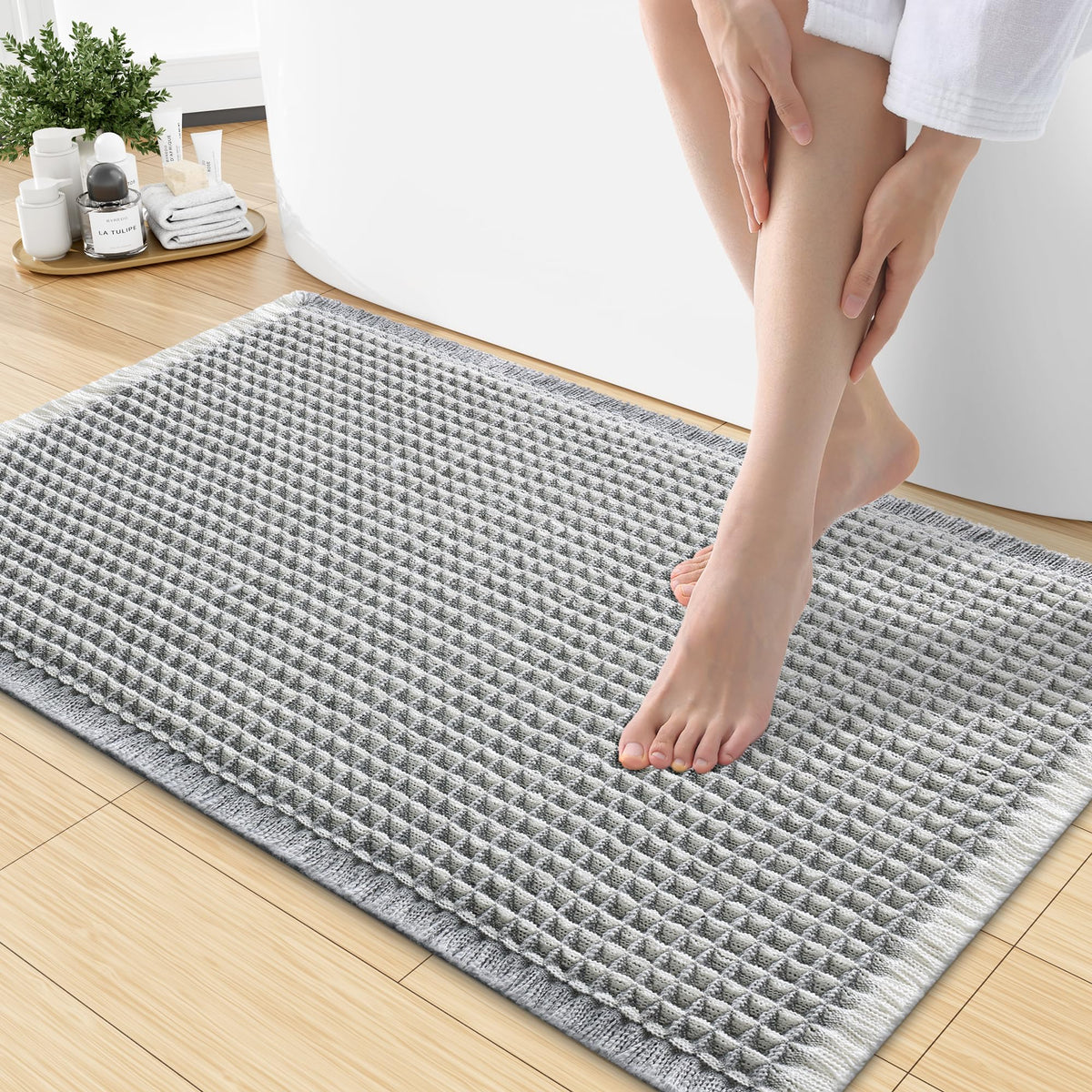 Smiry Waffle Bath Mat 24X16, Soft Absorbent Bathroom Rugs, Brown & Cream