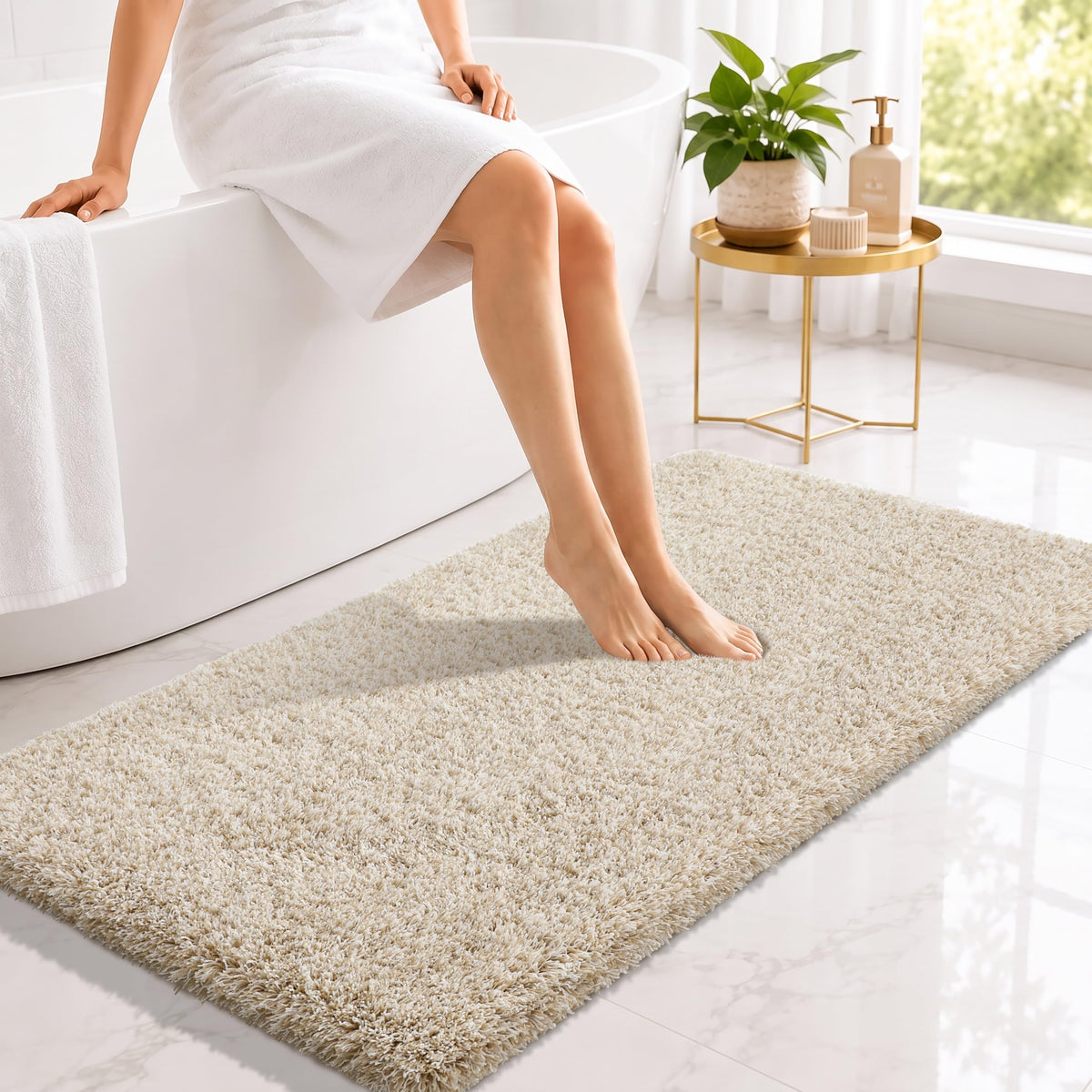 Yimobra Bathroom Rugs Non Slip Washable 32X20, Ultra Soft and Water Absorbent Bath Mats, Plush Fluffy Shower Mat Outside, Microfiber Thick Matts for Bathroom Floor/Tub, Light Gray and White