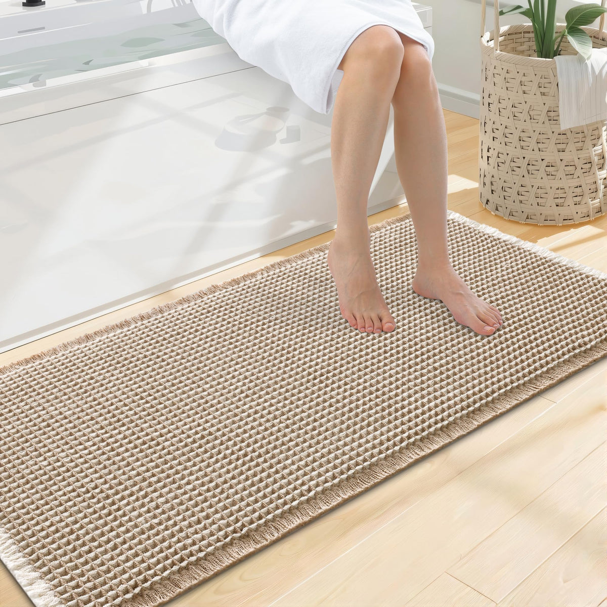 Smiry Waffle Bath Mat 24X16, Soft Absorbent Bathroom Rugs, Brown & Cream