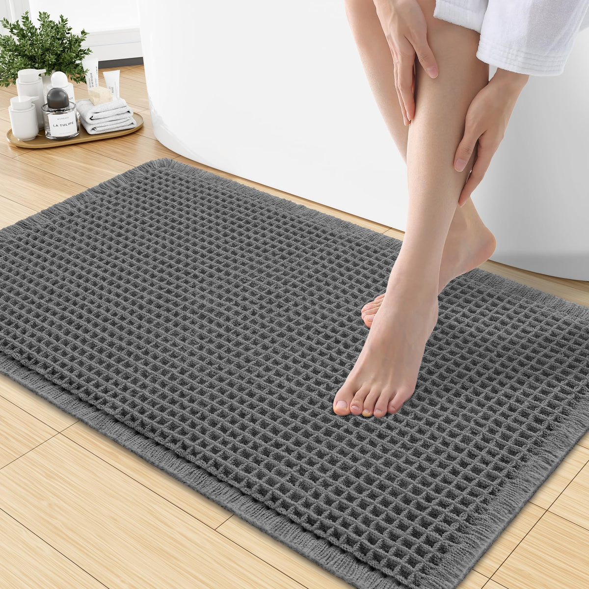 Smiry Waffle Bath Mat 24X16, Soft Absorbent Bathroom Rugs, Brown & Cream