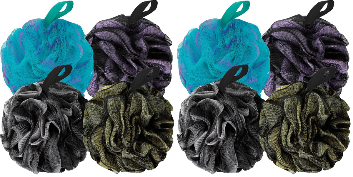 BCKENEY Bath Loofah Shower Sponge Body Back Scrubber Soft Mesh Shower Puffs Exfoliating Loofa for Women & Men Bath Accessories Cleaning Tool (Pack of 4 60G Loofah, Dark Elf)