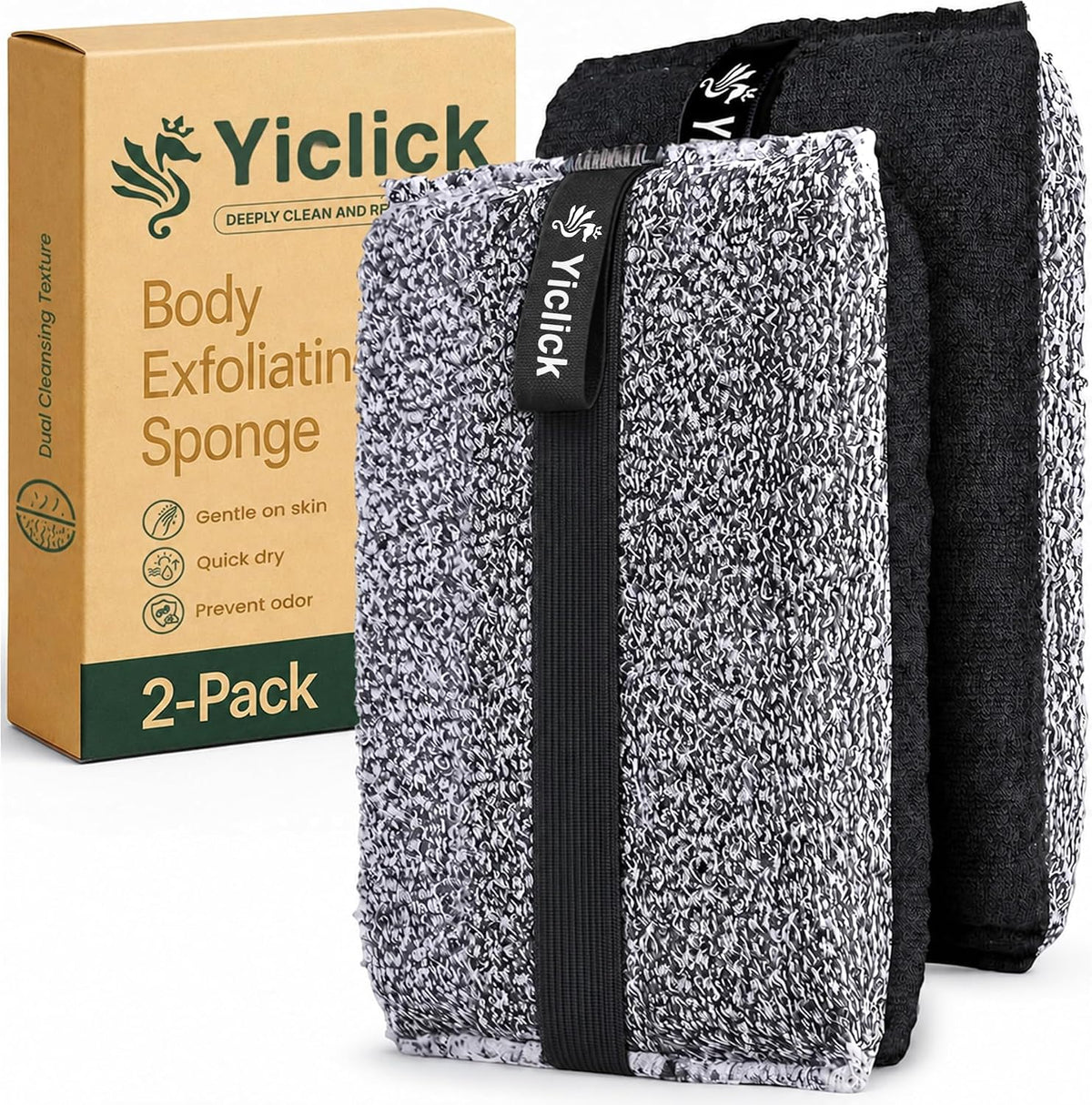 Yiclick Exfoliating Body Scrubber (2 Pack), Body Scrubber Exfoliator, Exfoliating Sponge for Shower Bath, Shower Loofah Luffa Lufa with Handle for Men Women, Dead Skin Exfoliator for Body Scrub
