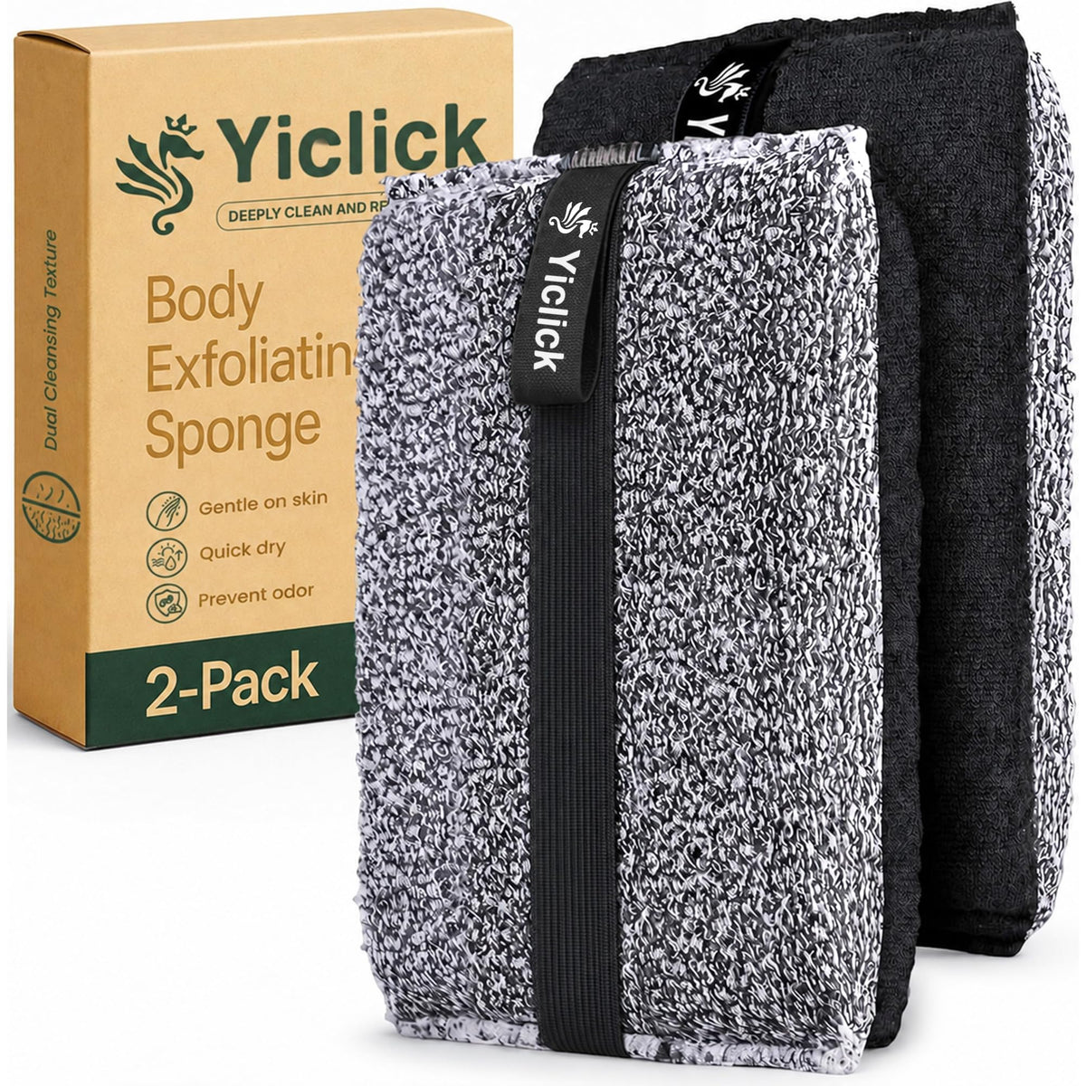 Yiclick Exfoliating Body Scrubber (2 Pack), Body Scrubber Exfoliator, Exfoliating Sponge for Shower Bath, Shower Loofah Luffa Lufa with Handle for Men Women, Dead Skin Exfoliator for Body Scrub