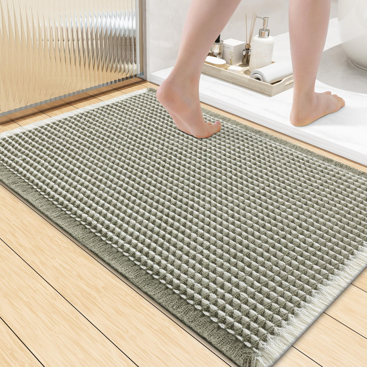 Smiry Waffle Bath Mat 24X16, Soft Absorbent Bathroom Rugs, Brown & Cream