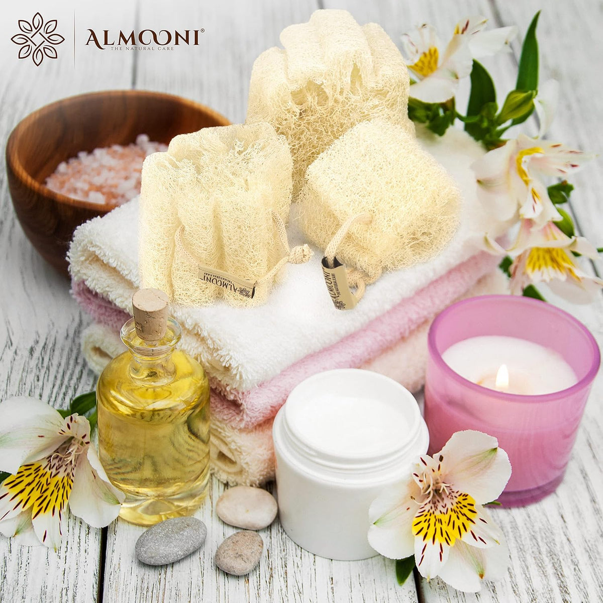 ALMOONI Mini Natural Loofah Sponge, Egyptian Shower Sponge, 3 Count