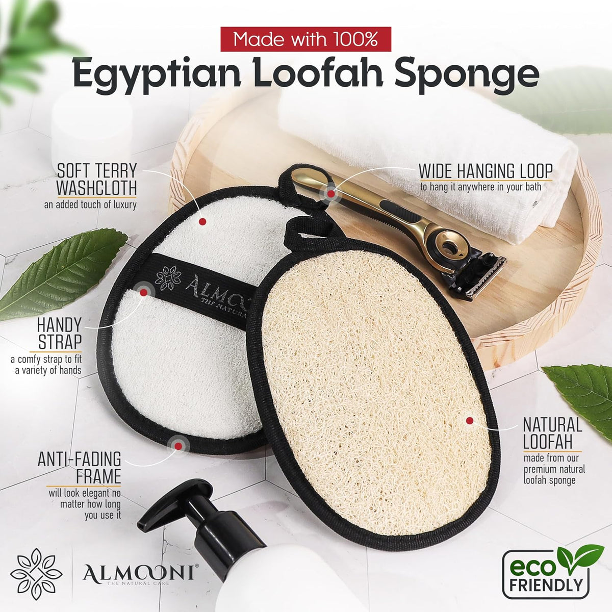 ALMOONI Loofah Sponge Body Scrubber for Men, Black, 2 Count