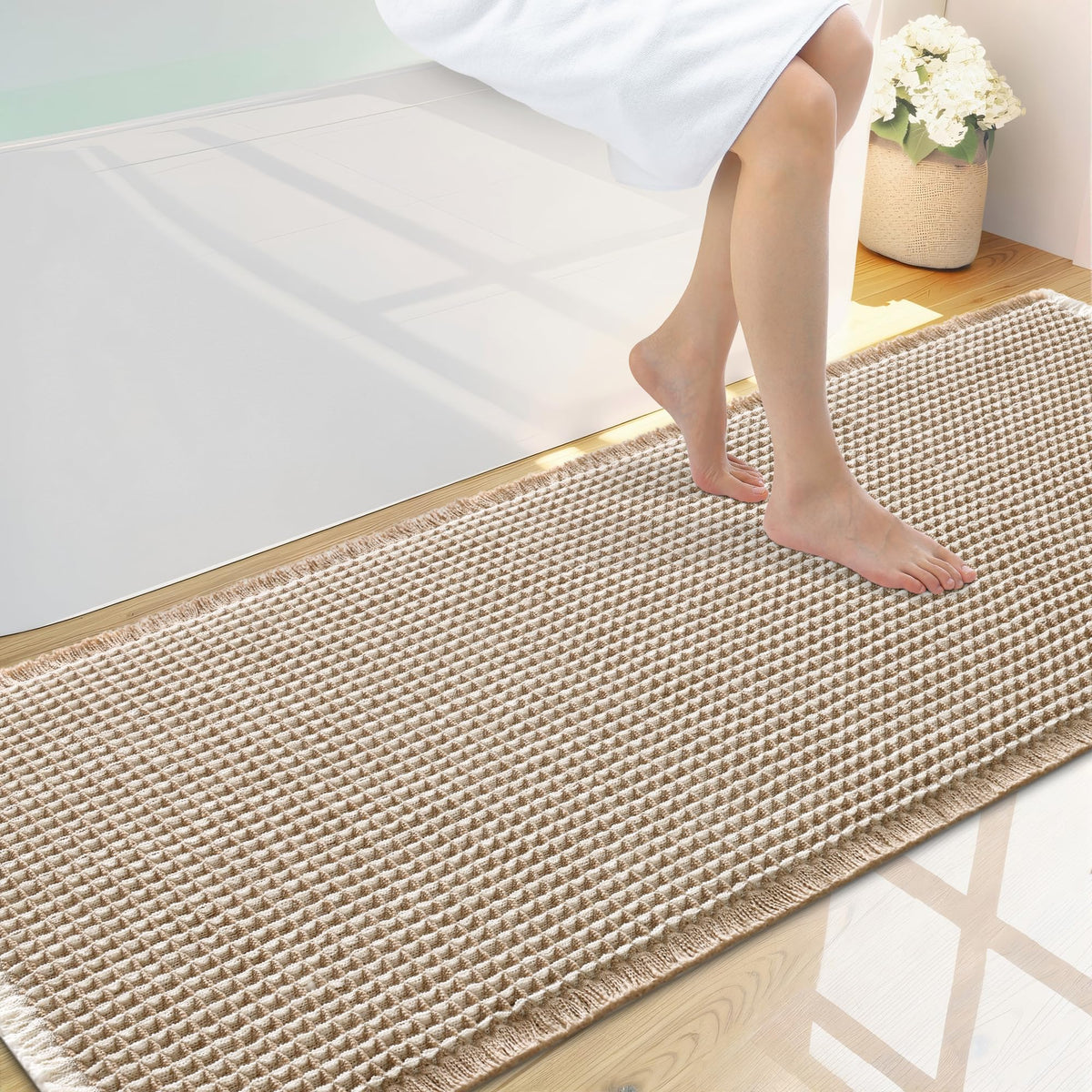 Smiry Waffle Bath Mat 24X16, Soft Absorbent Bathroom Rugs, Brown & Cream