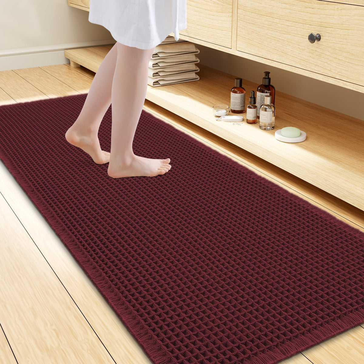 Smiry Waffle Bath Mat 24X16, Soft Absorbent Bathroom Rugs, Brown & Cream