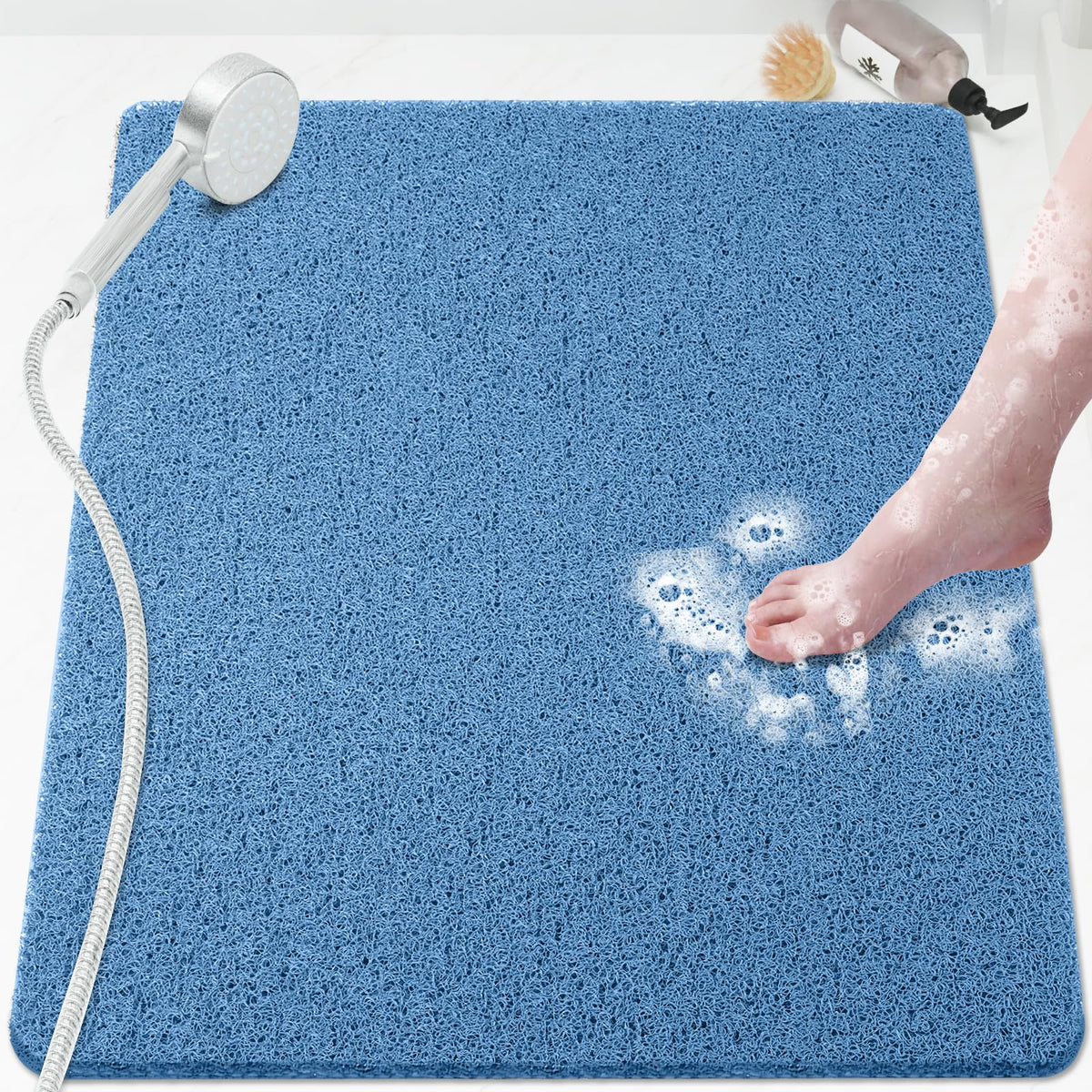 Shower Mat Bathtub Mat Non-Slip,24x16 inch, Soft Tub Mat with Drain,PVC Loofah Bath Mat (Phthalate Free) for Tub and Bathroom,Quick Drying,Black