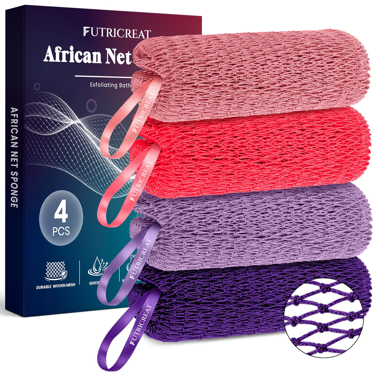 4 Pack African Net Sponge Authentic, Exfoliating Washcloth, Body & Back Scrubber, Better Than Traditional Loofahs, Perfect for Daily Shower & Travel, Pink, Blue, Purple & Green
