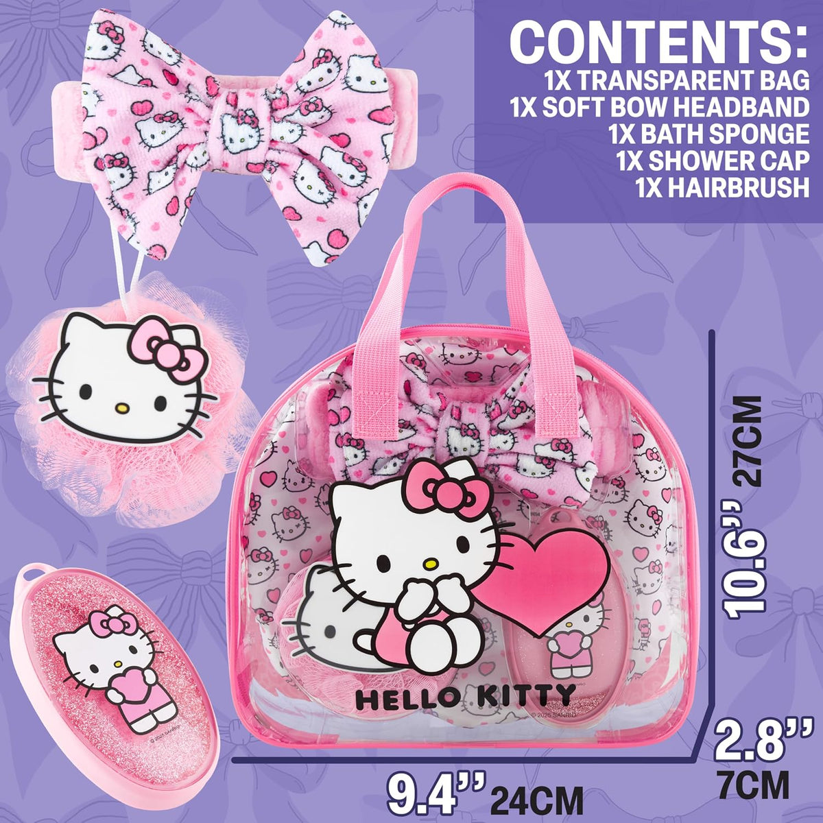 Hello Kitty Sanrio Shower Accessories Set, Kawaii Toiletry Bag with Shower Cap Headband Bath Sponge, Gifts for Girls, Teens, Women (Pink Hello Kitty)