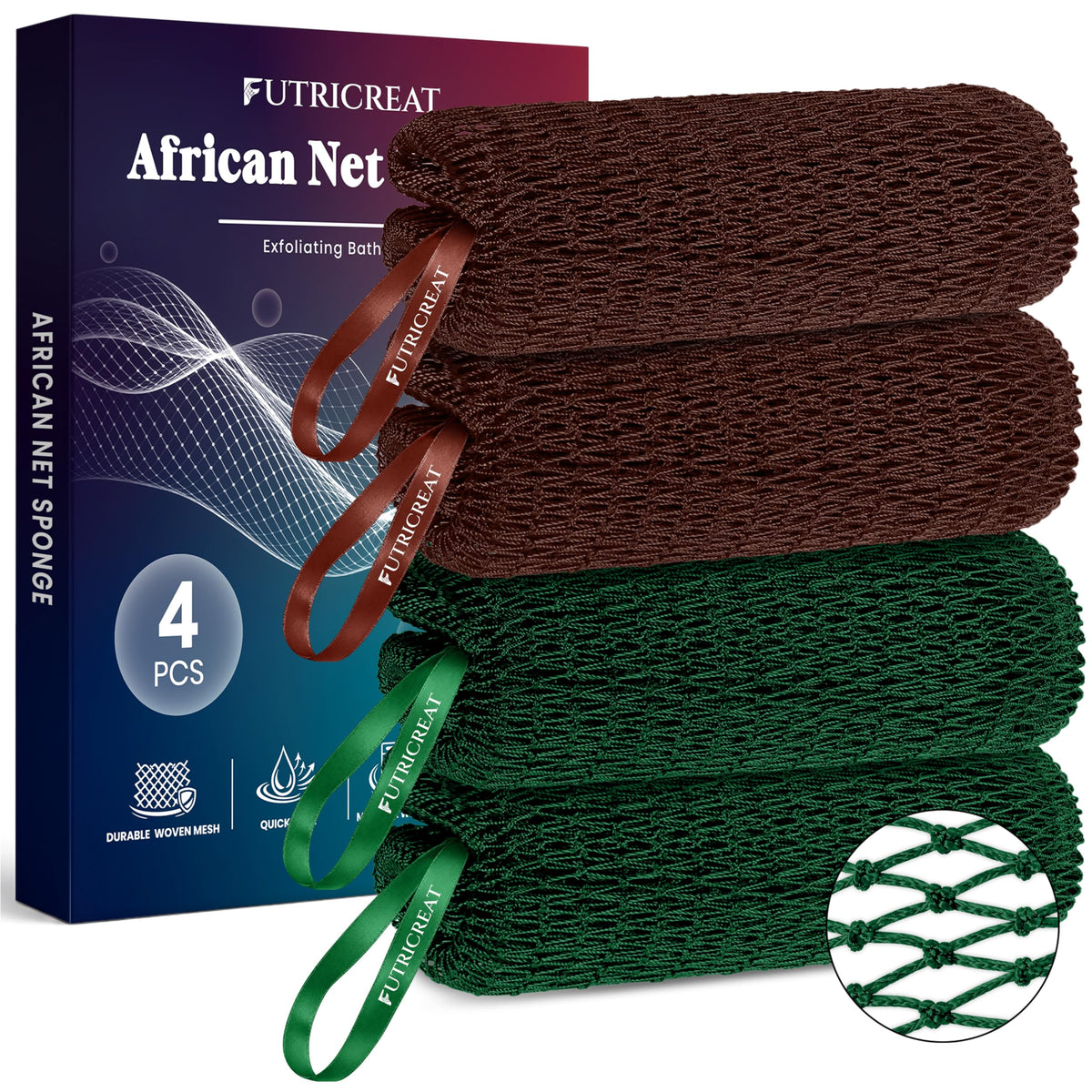 4 Pack African Net Sponge Authentic, Exfoliating Washcloth, Body & Back Scrubber, Better Than Traditional Loofahs, Perfect for Daily Shower & Travel, Pink, Blue, Purple & Green
