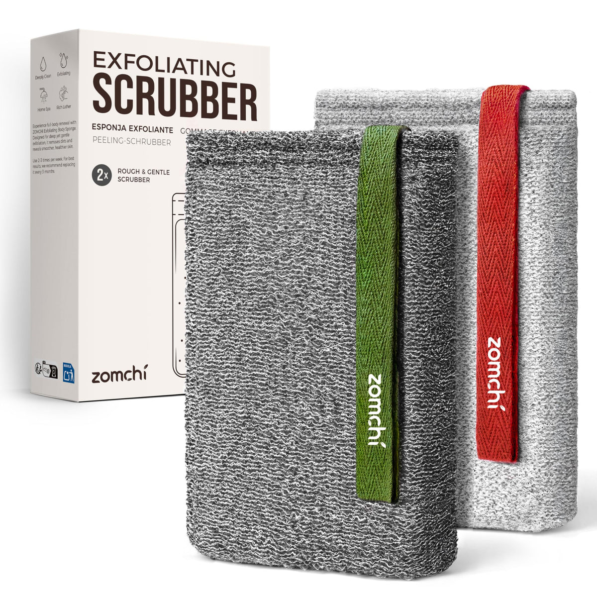 ZOMCHI Body Scrubber, Exfoliating Sponge for Shower, 2 Pack, Grey