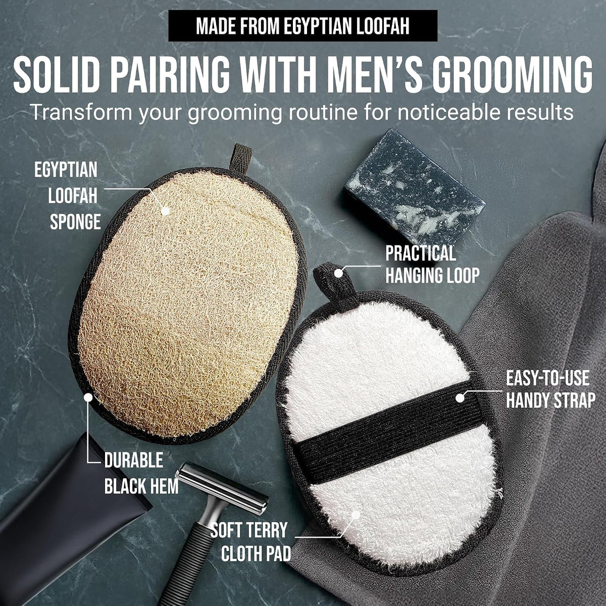 SERRENTO Mens Loofah Body Scrubber - Shower Sponge Luffa 2PCS Baths Hygiene