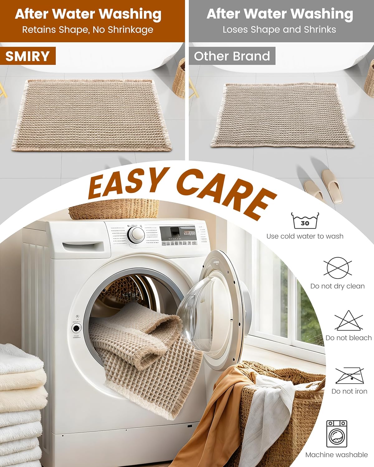Smiry Waffle Bath Mat 24X16, Soft Absorbent Bathroom Rugs, Brown & Cream