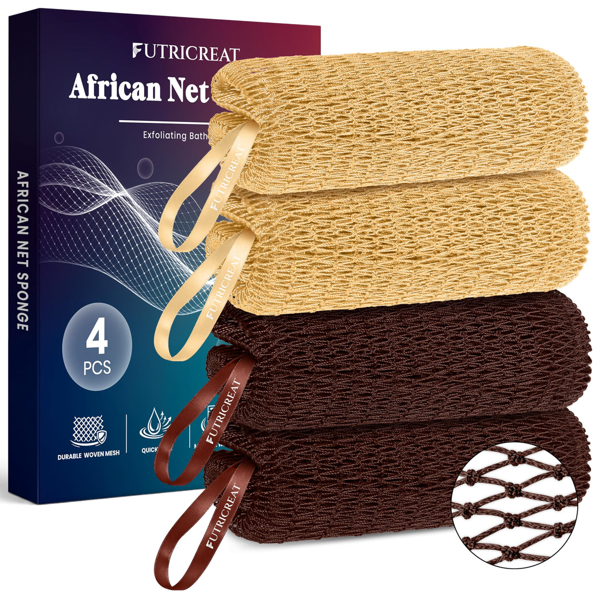 4 Pack African Net Sponge Authentic, Exfoliating Washcloth, Body & Back Scrubber, Better Than Traditional Loofahs, Perfect for Daily Shower & Travel, Pink, Blue, Purple & Green