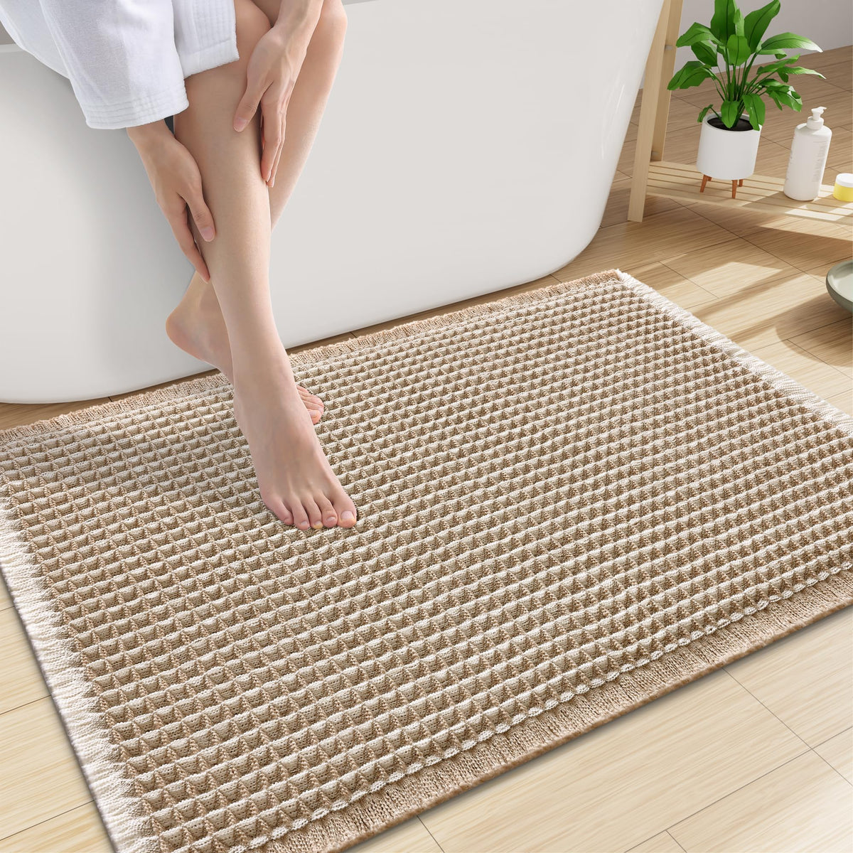 Smiry Waffle Bath Mat 24X16, Soft Absorbent Bathroom Rugs, Brown & Cream