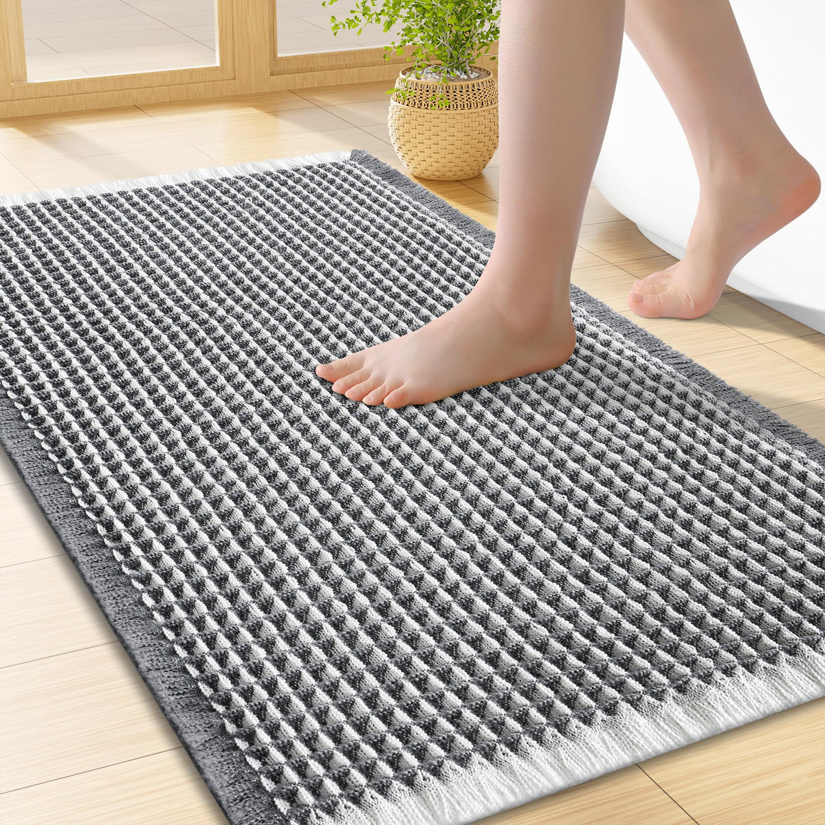Smiry Waffle Bath Mat 24X16, Soft Absorbent Bathroom Rugs, Brown & Cream