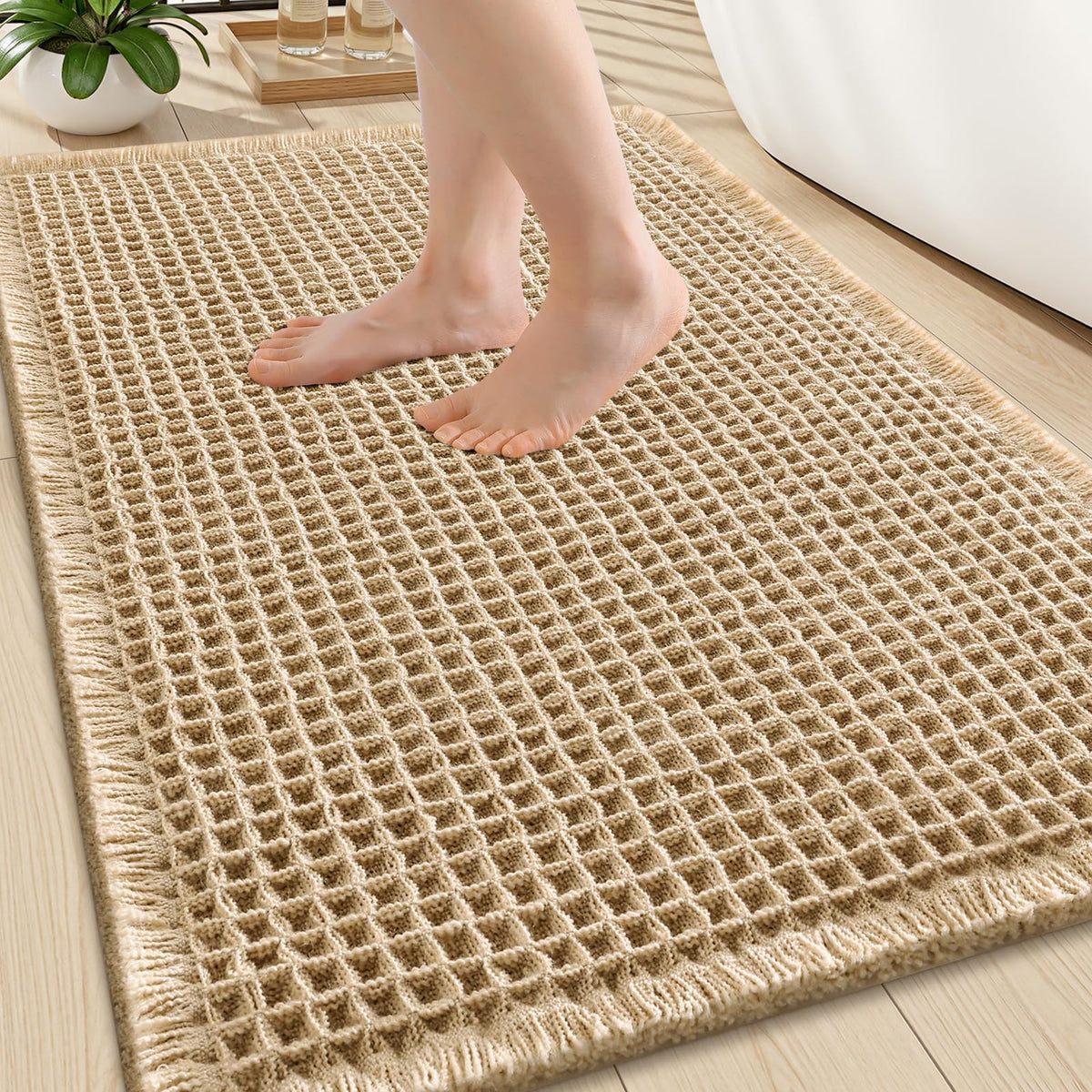 Smiry Waffle Bath Mat 24X16, Soft Absorbent Bathroom Rugs, Brown & Cream