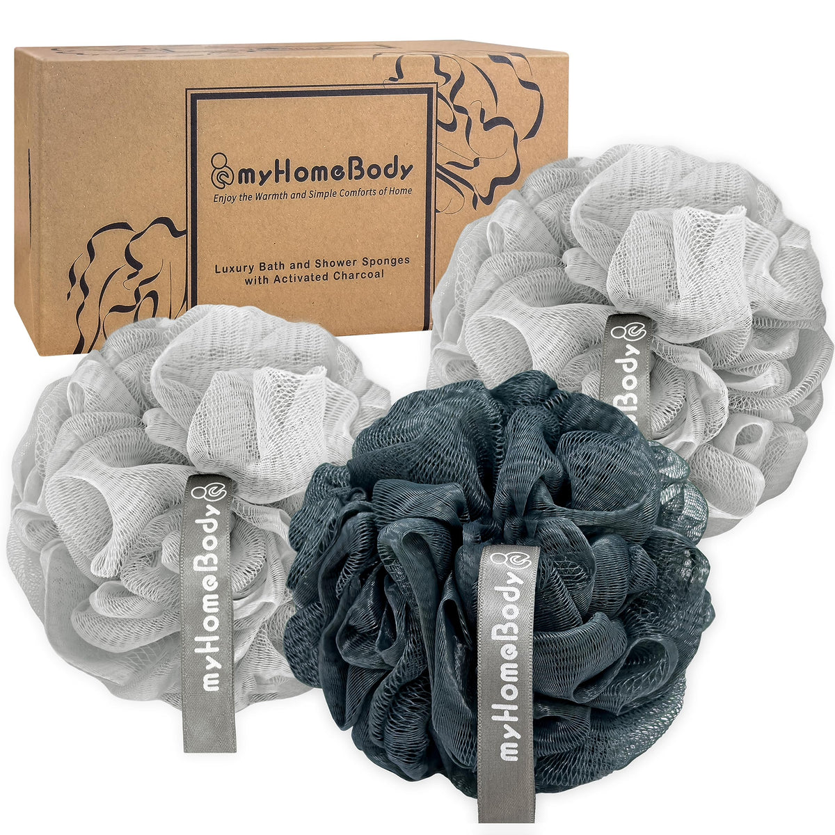 myHomeBody Large 70g Loofah Sponge, 2 Graphite Gray + 1 Sage Green, 3 Pack