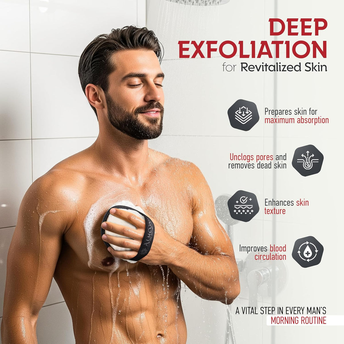 ALMOONI Loofah Sponge Body Scrubber for Men, Black, 2 Count