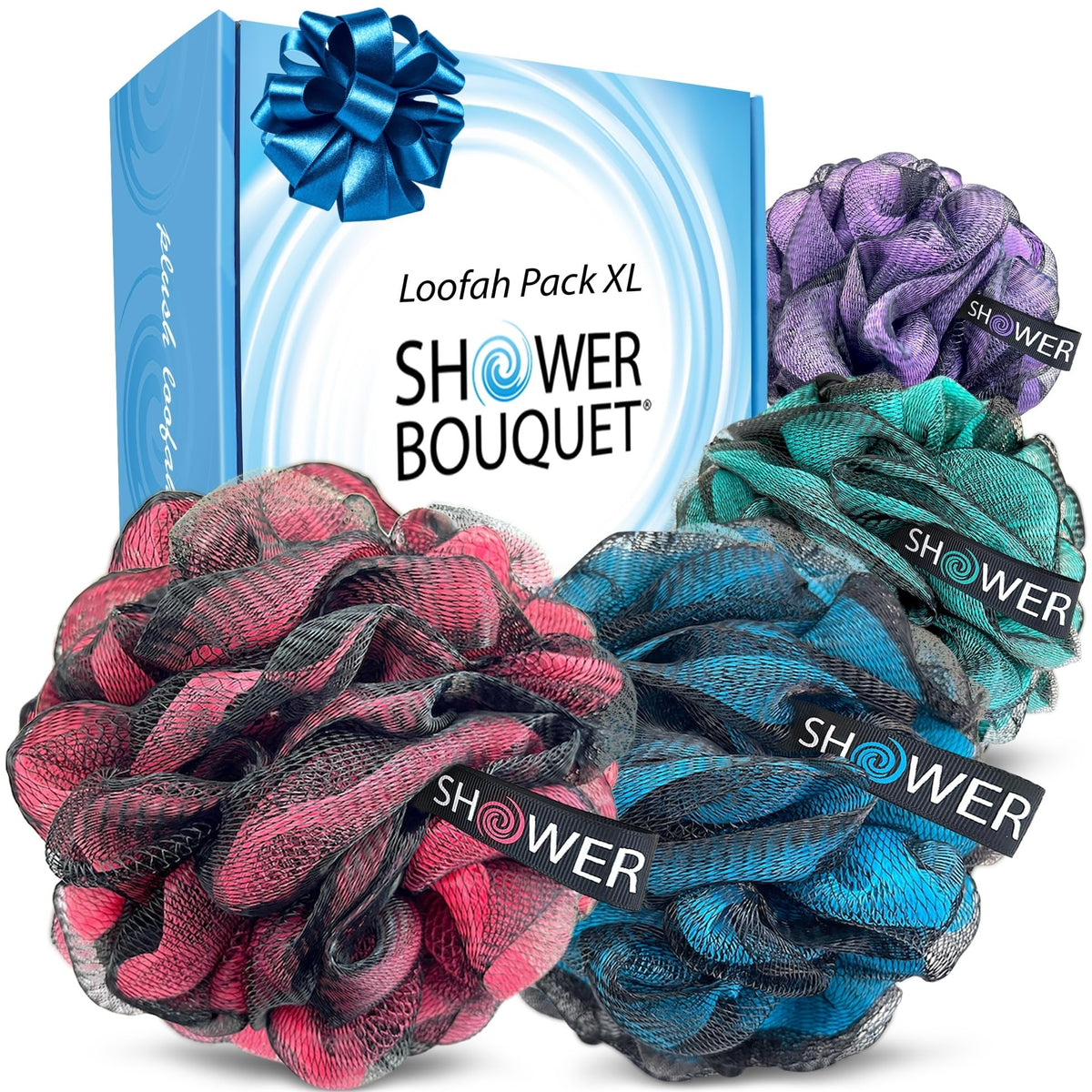 SHOWER BOUQUET Loofah-Bath-Sponge XL Swirl-Mix-Color 4-Pack Extra-Large 75g