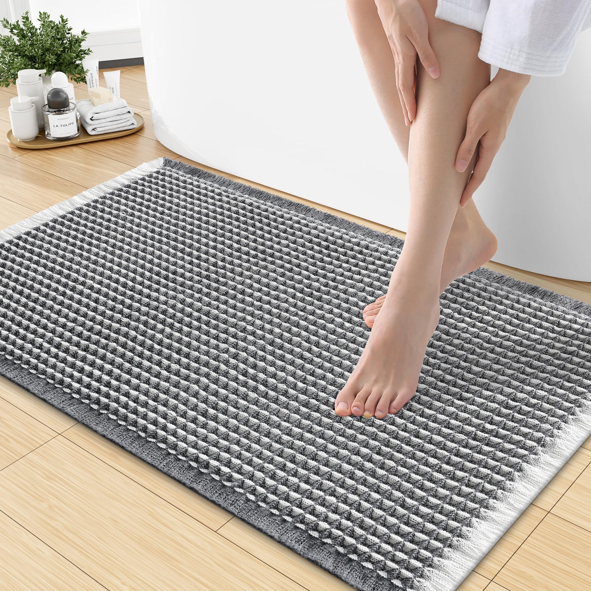 Smiry Waffle Bath Mat 24X16, Soft Absorbent Bathroom Rugs, Brown & Cream