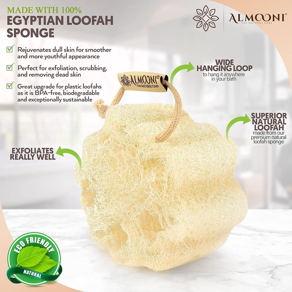 ALMOONI Mini Natural Loofah Sponge, Egyptian Shower Sponge, 3 Count