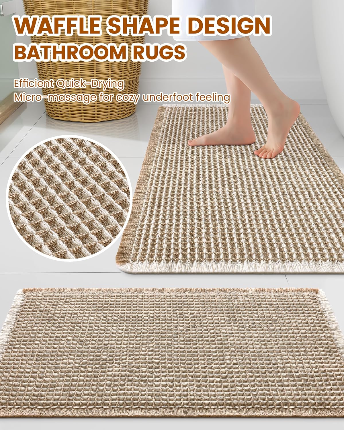 Smiry Waffle Bath Mat 24X16, Soft Absorbent Bathroom Rugs, Brown & Cream